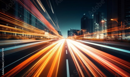 High speed light trail of cars. Motion Blur City  Generative AI