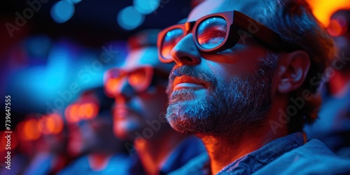 People are sitting in a cinema wearing 3D glasses. the audience is watching the film with special 3D glasses
