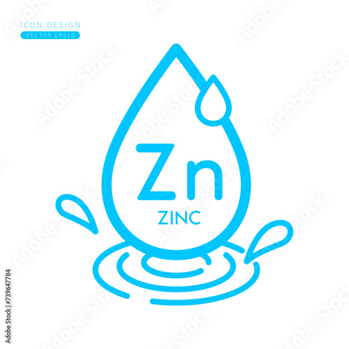 Minerals zinc icon blue. Water drops splashing and waves isolated on white background. Symbol for use on advertising media. Form simple line for designing medical beauty products. Vector.