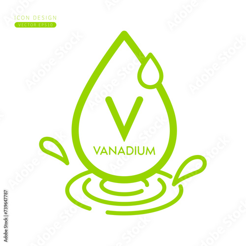 Minerals vanadium icon green. Water drops splashing and waves isolated on white background. Symbol for use on advertising media. Form simple line for designing medical beauty products. Vector.