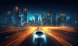 Futuristic skyscraper and road transportation technology with digital data transfer. High speed light trail of cars. Internet of things, Generative AI 