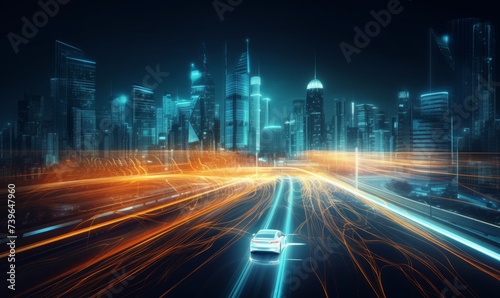 Futuristic skyscraper and road transportation technology with digital data transfer. High speed light trail of cars. Internet of things, Generative AI 
