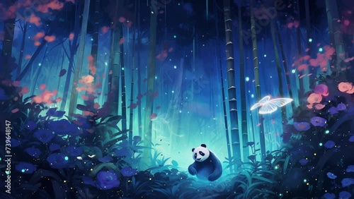 bamboo forest at night with panda emitting. seamless looping overlay 4k virtual video animation background  photo