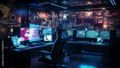 cybersecurity command center at night with computer. seamless looping overlay 4k virtual video animation background 