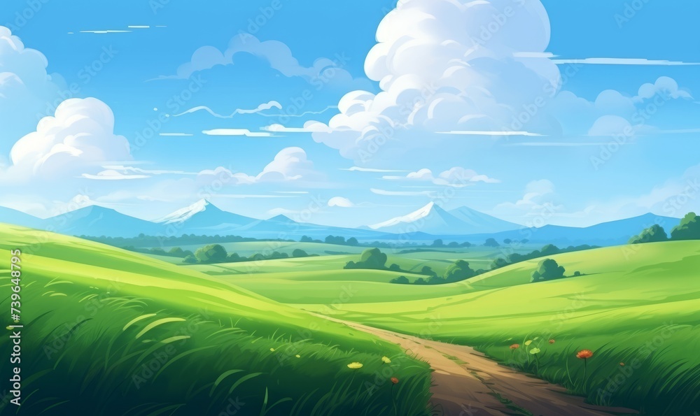 Summer fields, hills landscape, green grass, blue sky with clouds, flat style cartoon painting illustration. Generative AI 