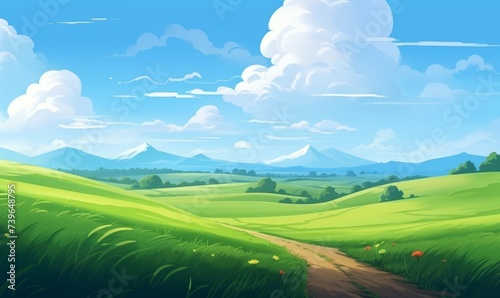 Summer fields, hills landscape, green grass, blue sky with clouds, flat style cartoon painting illustration. Generative AI 