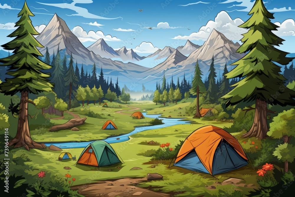 Cartoon cute doodles of characters pitching colorful tents in a designated camping area along the hiking trail, Generative AI - obrazy, fototapety, plakaty 