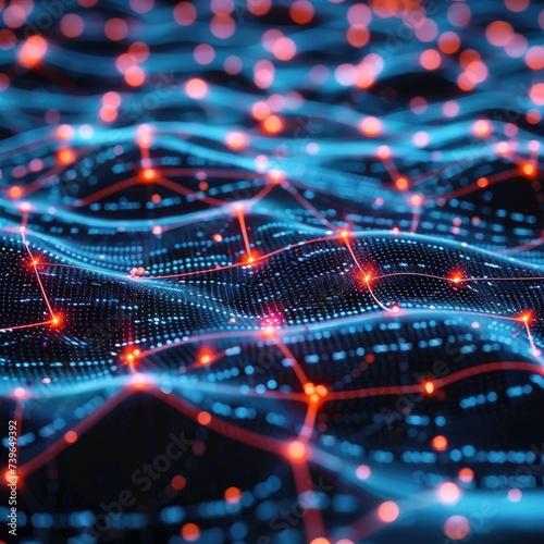 เรียงประโยคนี้ Digital illustration representing a neural network with interconnected nodes and pathways, highlighted by dynamic orange and blue lights. มาใหม่ 12 ประโยค เป็นภาษาอังกฤษ