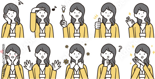 社員証を下げた日本人女性会社員のイラスト素材10点セット