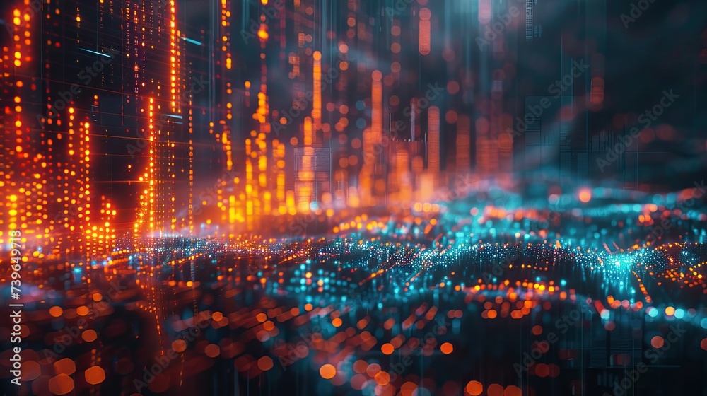 Visualizing the intricate landscape of business and finance, a close-up view reveals the details of stock market charts and trading data.