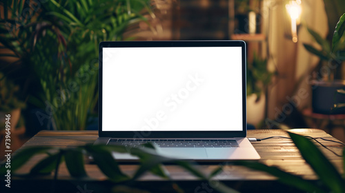 Laptop with leaves in a room. White screen for mock-up. PNG transparent.