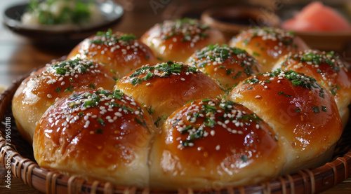 Shiny glazed Japanese bread rolls with sesame seeds and parsley in a basket, ai generated
