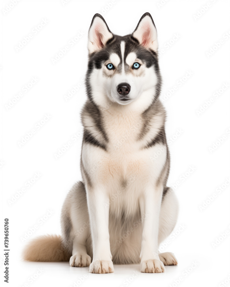 Siberian husky dog sitting isolated full body