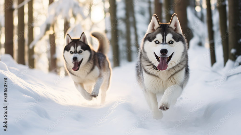 Siberian husky dogs in snowy forest running