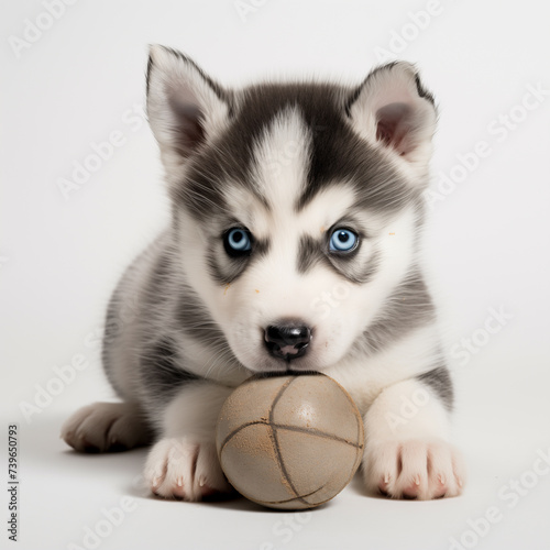 Siberian husky puppy play ball isolated