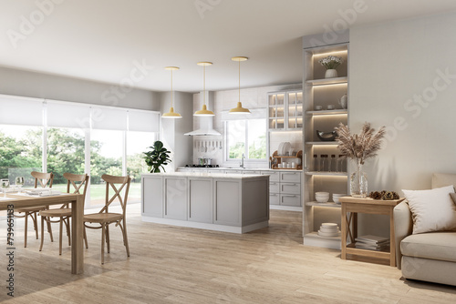 Modern luxury vintage style living and dining room overlooking kitchen and nature view 3d render  There are wooden floor  decorated with wooden furniture  large window natural light into the room
