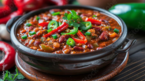 A mouthwatering sight of a bowl of chili showcasing a bold mix of red and green chili peppers cooked to perfection and garnished with a dash of cayenne for an extra kick.