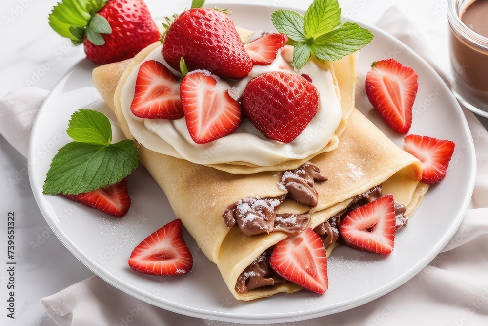 Strawberry Crepes Chocolate Sauce and Powdered sugar