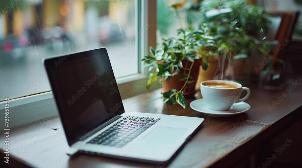 Coffee and Laptop by Window with Springtime View Seamless looping 4k time-lapse virtual video animation background. Generated AI Coffee and Laptop by Window with Springtime View Seamless looping 4k time-lapse virtual video animation background. Generated AI
