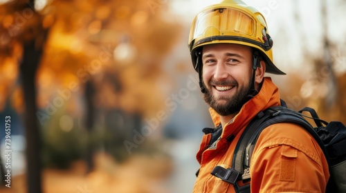portrait of a happy firefighter, wearing his fireproof suit with  copy space © Matthew