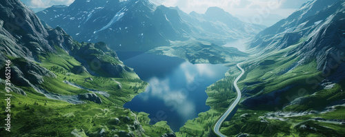 Aerial view of landscapes lake in the mountains and nature with winding road