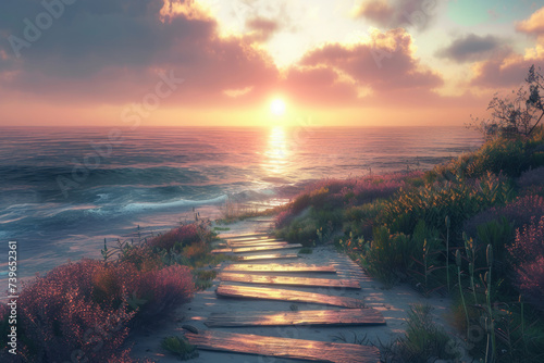 Pathway leading to sea beach at sunset