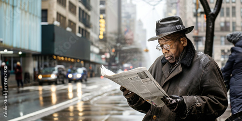 a man is reading newspaper on the street, generative AI