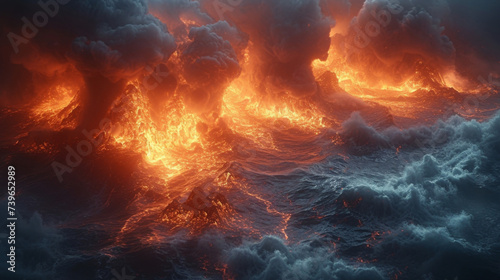 Texture of jagged rocks surrounded by swirling molten lava as it moves towards the ocean.