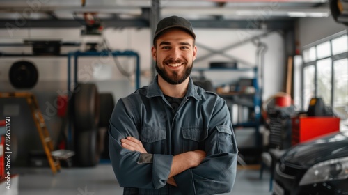 a mechanic with a work uniform, a modern car repair shop in the background, happy and proud of his profession © Matthew
