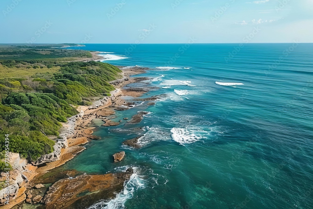 Drone aerial view of a rugged coastal landscape