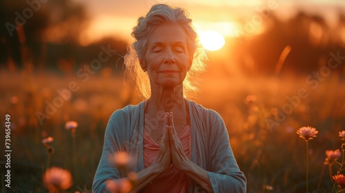 As the sun sets behind her a senior yogi finds inner peace and wellness as she practices yoga outdoors surrounded by the beauty of nature.