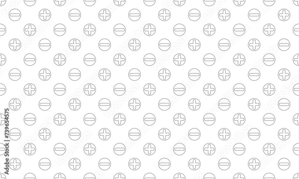Simple grey plus and minus sign in circle seamless pattern. Vector Repeating Texture.