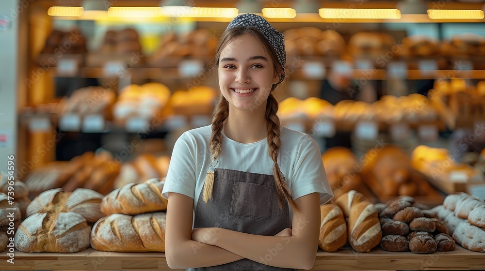 Smiling pretty saleswoman sales bread in a clean and modern with wood style bakery. Generative AI.
