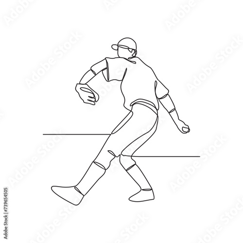 One continuous line drawing of Baseball player vector illustration. baseball player throwing, catching,  hitting and running to base, and sliding. Continuous line sports design vector illustration