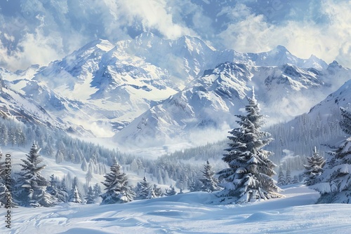 Winter mountain scene with pristine snow and a tranquil atmosphere