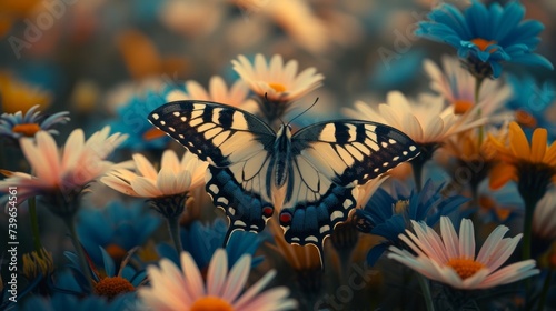 A senior photographer captures the perfect shot of a mesmerizing butterfly perched on a bed of vibrant wildflowers each petal and wing detail crystal clear in the final image.