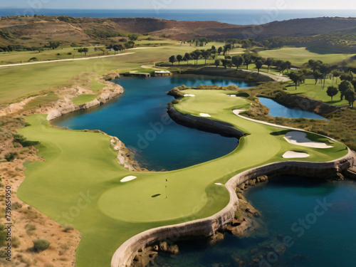 panoramic aerial view of a professional grade golf course with lakes and sand traps