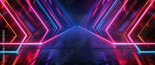Abstract Blue And Purple Neon Light Shapes On Black Background And Reflective Concrete With Empty Space For Text 3D Rendering
