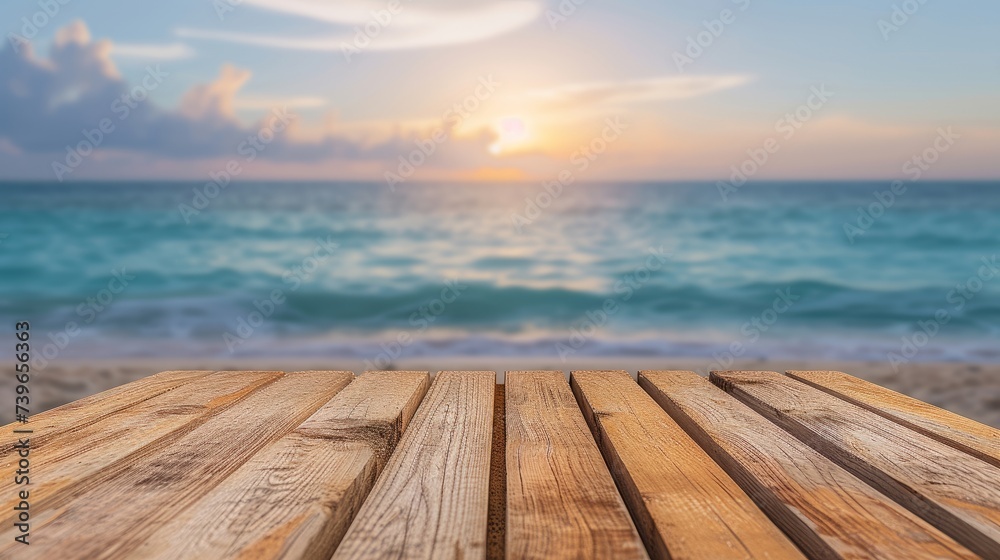 wooden board empty table top blur sea sky background wooden board empty table top blur sea sky background