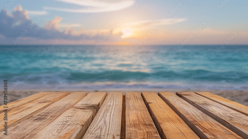 wooden board empty table top blur sea sky background