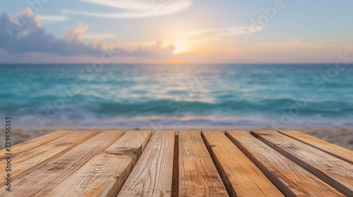 wooden board empty table top blur sea sky background