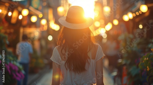 Rear view. Beautiful Japanese woman walking down a trendy fashion street at sunset. Generative AI. © visoot