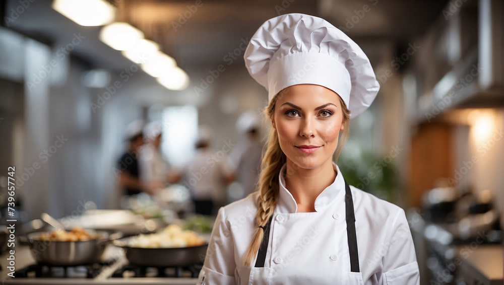 female chef in blurry kitchen background female chef in blurry kitchen background