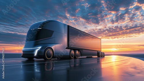A hightech truck trailer with a sleek design and advanced fuel efficiency features showcasing innovation and costsaving measures in the transportation industry. photo