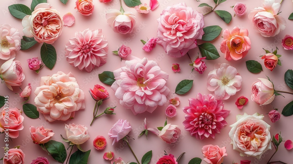 Fototapeta premium Overhead flat lay view on light pink background, surrounding with blossoming roses flowers and peonies, studio light. Generative AI.