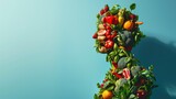 A human body made of fruits and vegetables on a blue background.