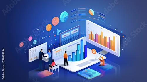 Illustration of Business environment in isometric view. Online trading digital technology. Financial application. Laptop with graphics.