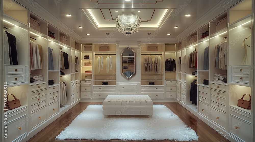 Obraz premium Walk-In Closet with Panel cabinets. Large room. U-Shaped closet. Spotlights in the closet. Generative AI.