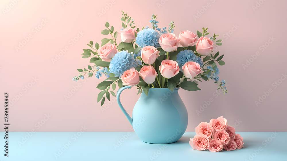 3D Bouquet Flower Set in Stylish Porcelain Ceramic Vase against Blue Pastel Background. Adding Charm to Birthday, Mother's Day, Valentine's Day Decor.
