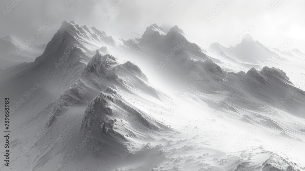 Detailed view of windblown snow forming a dense almost foglike texture in the distant mountains.